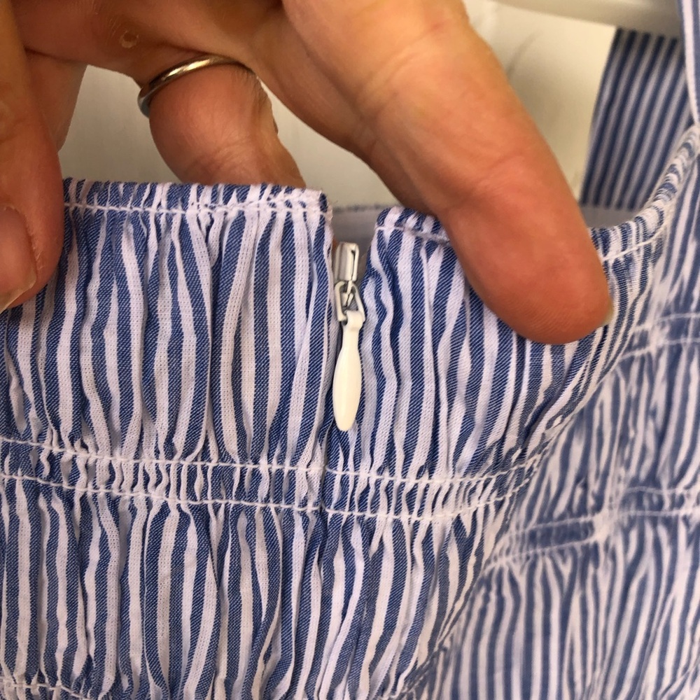NWT J. Crew Top Womens 10 Striped Smocked Banker Blue Sleeveless 100% Cotton - Picture 9 of 11